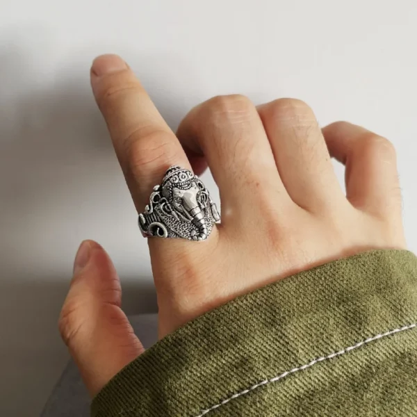 Retro Ganesha Elephant God Ring For Men Silver Color Punk Gothic Open Ring Handmade Designer Jewelry Unisex Hindu Accessories - Image 3
