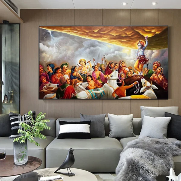 Lifting Mount Govardhan Oil Painting Canvas Print Krishna Wall Mythology Art Retro Poster for Living Room Home Decor Cuadros - Image 4