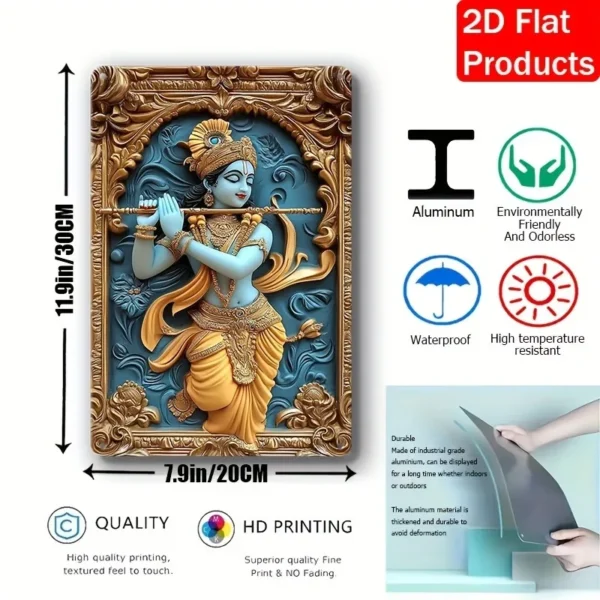 Bohemian Style Aluminum Metal Sign, 2D Flat Krishna Theme, Square Plaque, Wall Hanging, Festive Decor, Decorative Wall Poster - Image 3