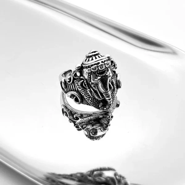 Retro Ganesha Elephant God Ring For Men Silver Color Punk Gothic Open Ring Handmade Designer Jewelry Unisex Hindu Accessories - Image 4