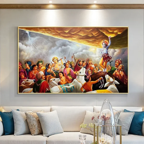 Lifting Mount Govardhan Oil Painting Canvas Print Krishna Wall Mythology Art Retro Poster for Living Room Home Decor Cuadros - Image 3