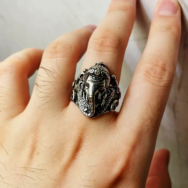 Retro Ganesha Elephant God Ring For Men Silver Color Punk Gothic Open Ring Handmade Designer Jewelry Unisex Hindu Accessories - Image 6