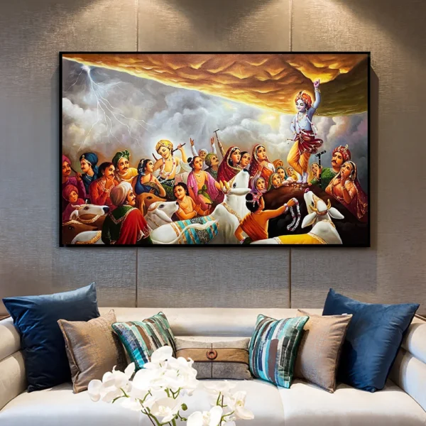 Lifting Mount Govardhan Oil Painting Canvas Print Krishna Wall Mythology Art Retro Poster for Living Room Home Decor Cuadros - Image 2